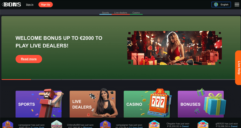How the Bons Casino homepage looks like Bons Casino Home Page